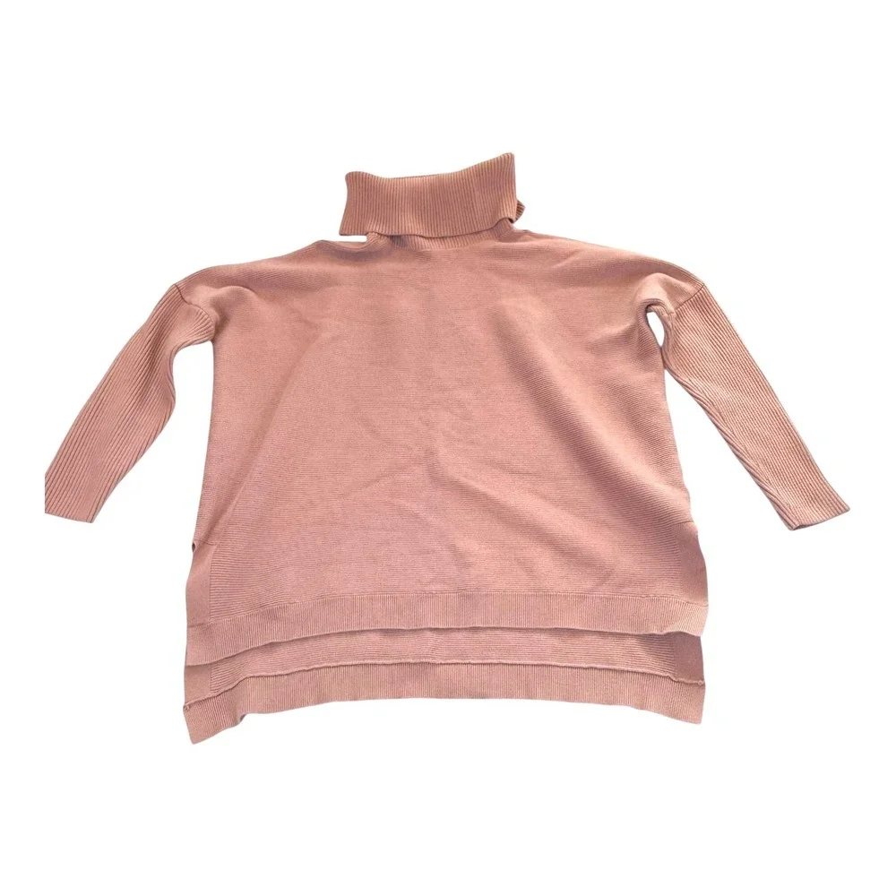 Women's Oversized‎ Turtleneck Sweater Ribbed Pink Knit Size L Minimalist Cozy